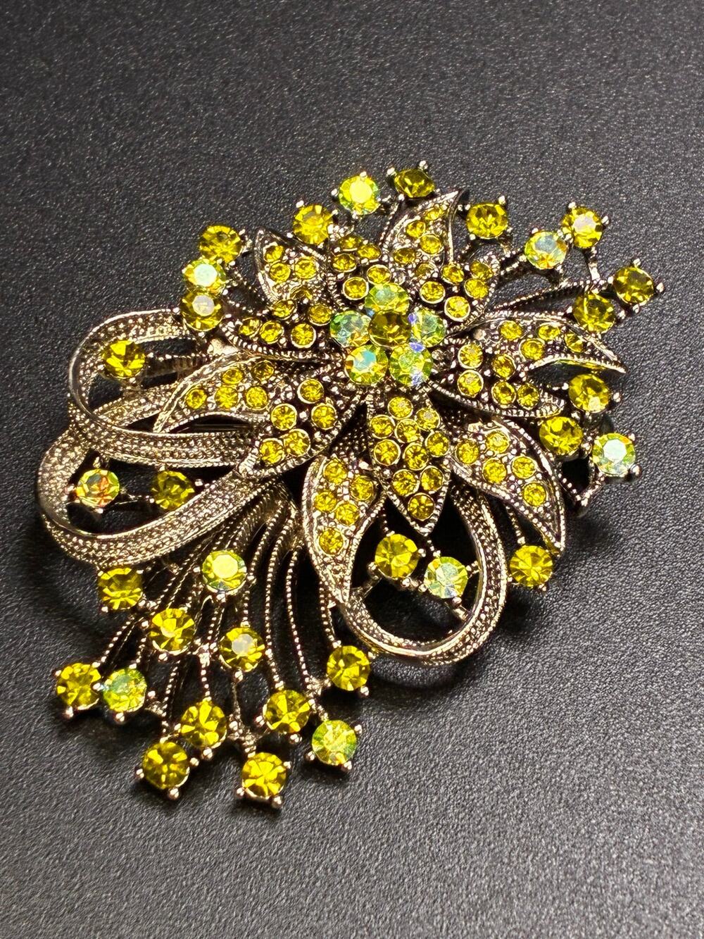 Vintage Olive Green AB Rhinestone Floral Spray Brooch
